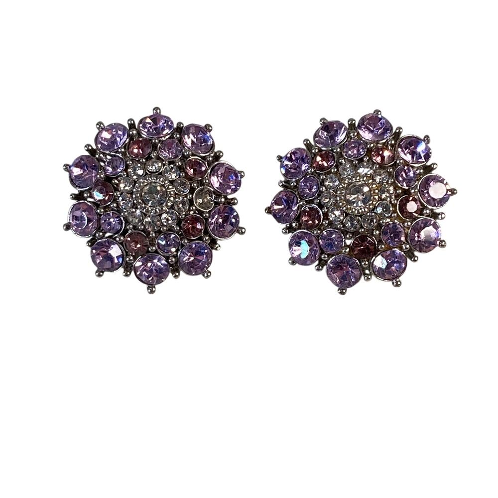 Purple Rhinestone Rosette Floral Earrings Statement Bling Silver Tone Y2K